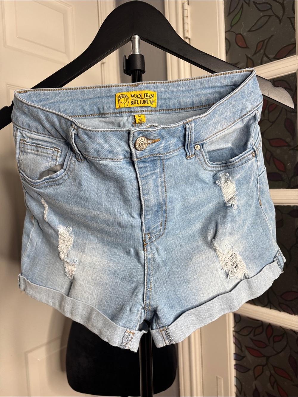 Wax Jean Light Blue Distressed Rolled Hem Denim Shorts